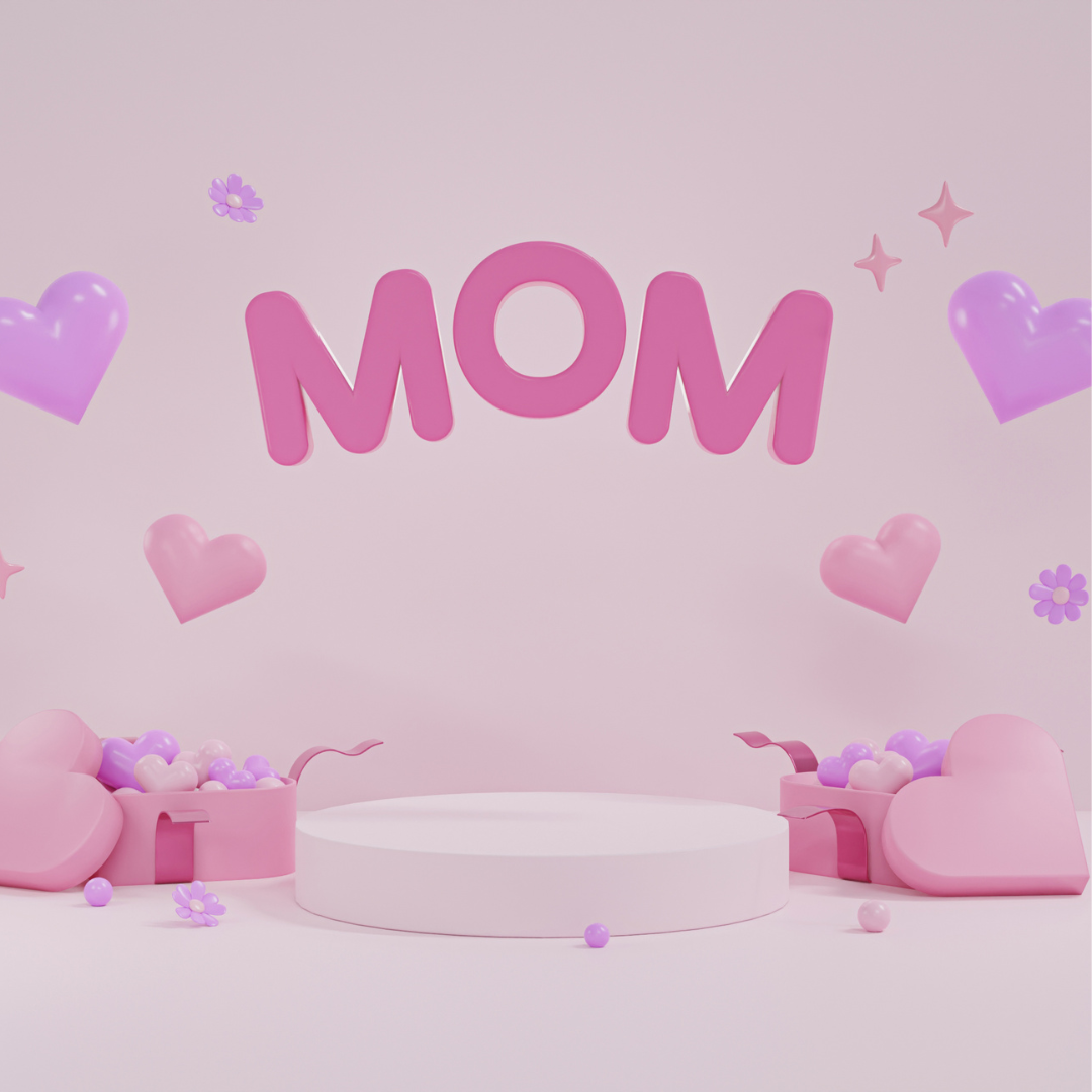 A photo with a pink background and hearts that says "Mom"