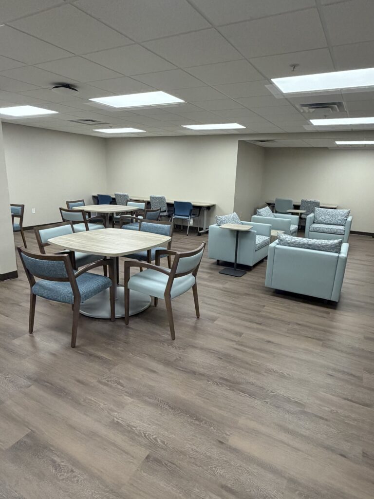 Lounge chairs around tables